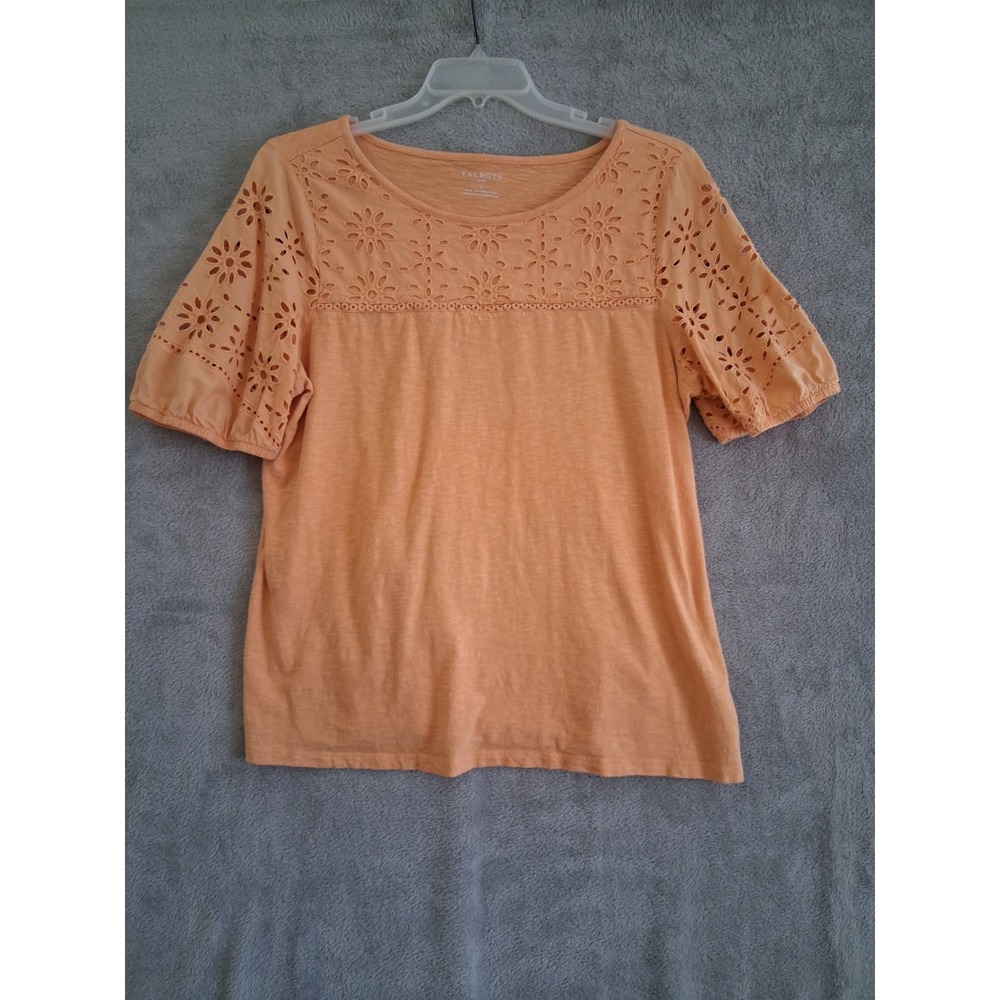 Talbots Eyelet Top 1X Orange Floral Embroidered Short Sleeve Boho Coastal Casual
